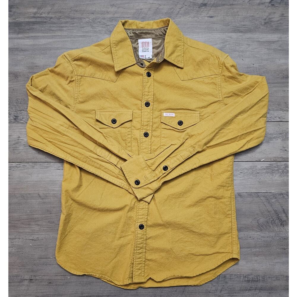 Topo Designs Shirt Mens M YELLOW Button Up Cotton Pockets Logo Work Made In USA